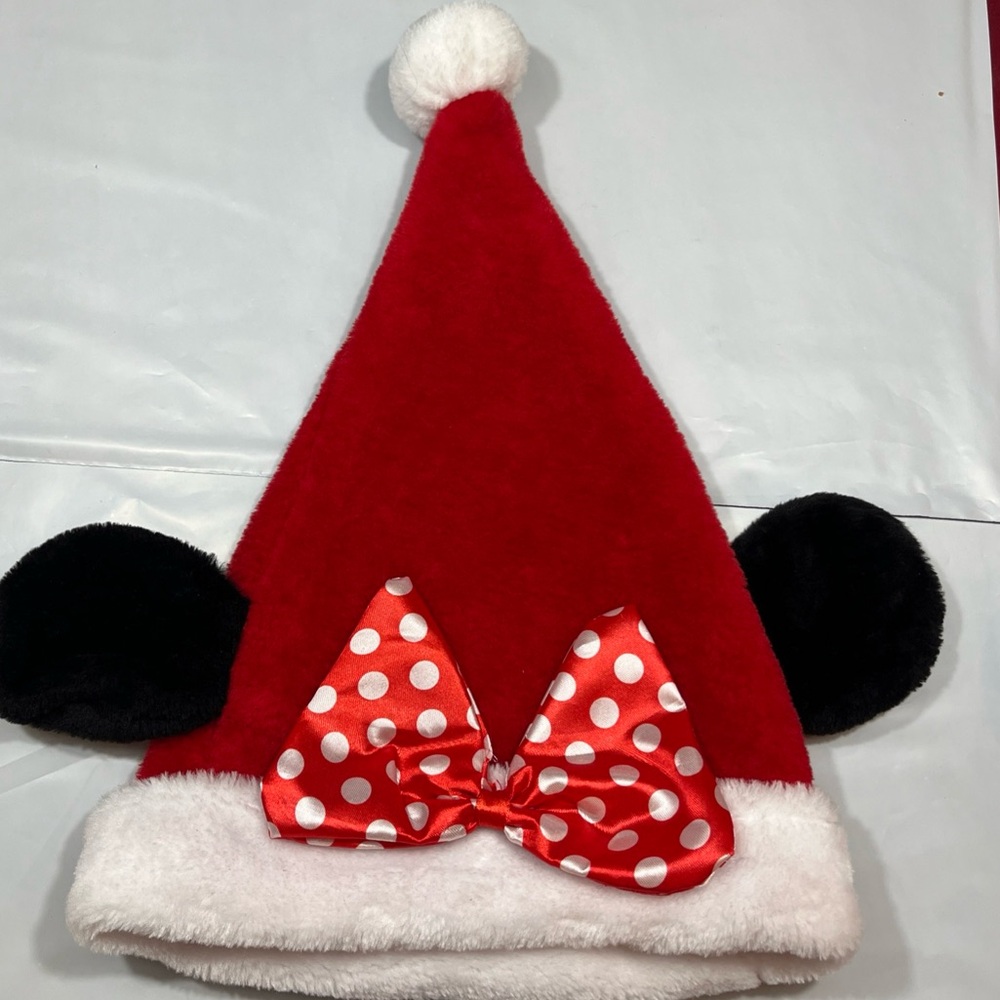 Disney Minnie Mouse Black Ears SANTA Hat Plush Red & White Polka Dot Bow Adult